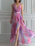 Fuchsia Tropical Leaf Print Chiffon Maxi Dress