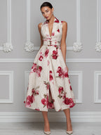 Floral Print Pinstripe Belted Sleeveless A-Line Midi Dress