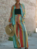 Stylish Artistic Striped Colorful Linen And Cotton Shirt And Pants Two-piece Set
