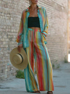Stylish Artistic Striped Colorful Linen And Cotton Shirt And Pants Two-piece Set