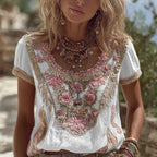 Women's Vintage Floral Pattern Crew Neck T-shirt