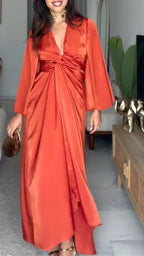 Burnt Orange Satin Wrap Maxi Dress