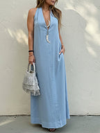 Stylish Elegant Minimalist Halter Neck Linen Maxi Dress