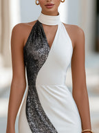 Halter Neck Contrast Glitter Asymmetrical Midi Dress