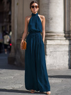 Halter-Neck Pleated Front-Knot Flowy Jumpsuit