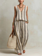 Women's Retro Striped Stylish Casual V Collar Top And Pants Cotton Linen Suits