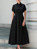 Stand Collar Pleated A-Line Maxi Dress