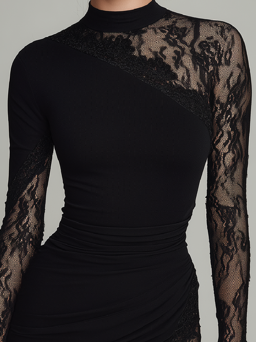 Black turtleneck lace asymmetrical tulle long-sleeved mini dress