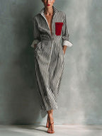Women's Striped Cotton-linen Shirt-collar Long-sleeve Dress