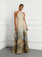 Light Khaki Floral Classic Halter Sleeveless A-Line Floor-length Gown Dress