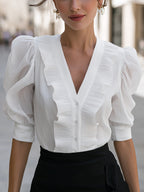 Elegant V-Neck Ruffle Trim Puff Sleeve Button-Down Blouse