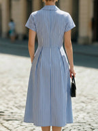 Blue & White Stripe Notched Lapel Short Sleeve Fit-and-Flare Midi Dress