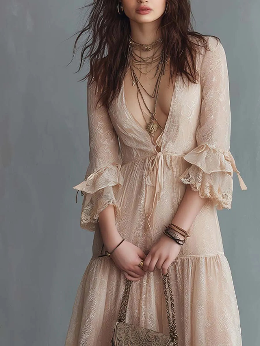 Romantic Boho Lace Flared Midi Dress
