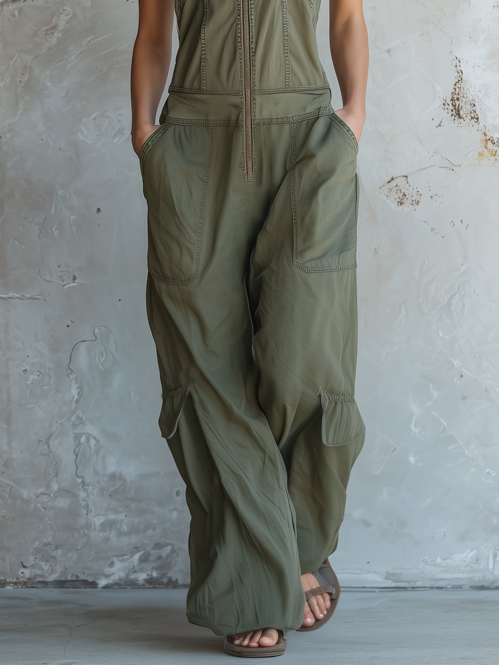 Olive Washed Denim Utility Halter Jumpsuit