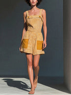 Women's Casual Loose-fit Striped Print Square-neck Spaghetti Strap Cotton-linen Romper