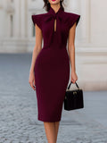 Burgundy Ruffle Shoulder Bow Tie Neck Bodycon Midi Dress