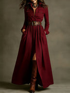 Women's Retro Solid Color Long-sleeved Dress