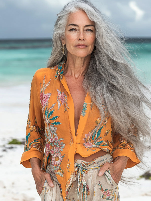 Vacation seaside elegant embroidery top 08af