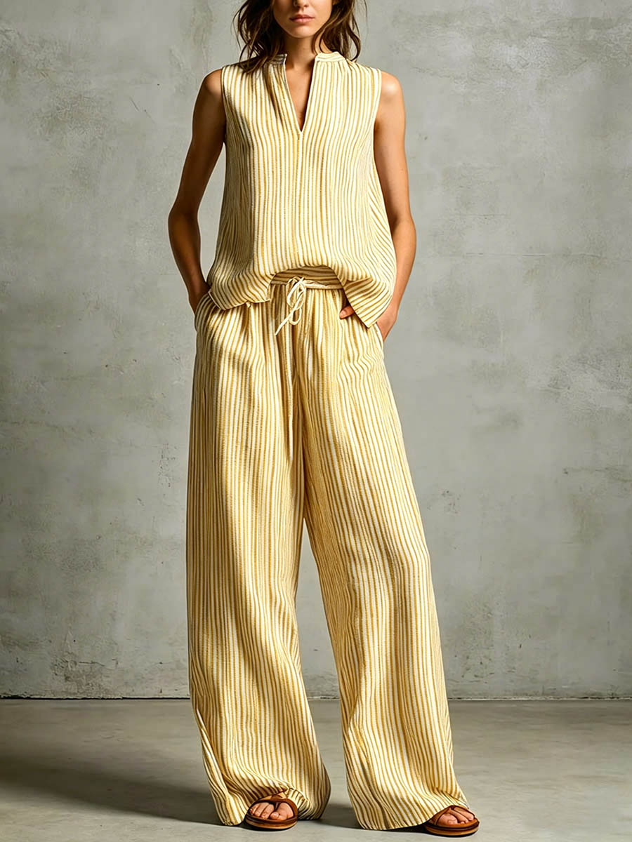 Women's Striped Print V-neck Sleeveless Casual Loose Cotton-linen Top & High-waisted Wide-leg Pants Set