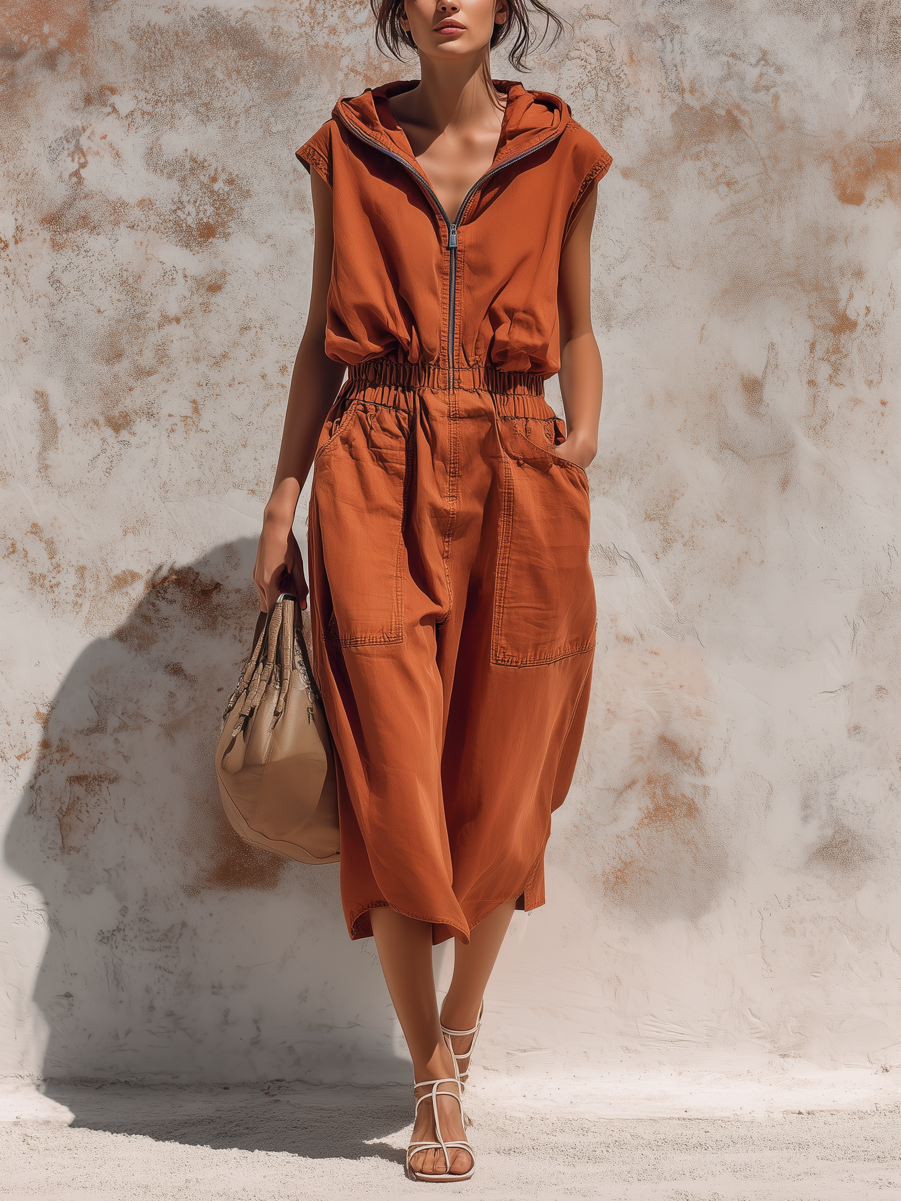 Hooded Sleeveless Utility Knee-Length Jumpsuit