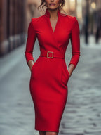 Refined Black Belted Sheath Dress with Mandarin Collar