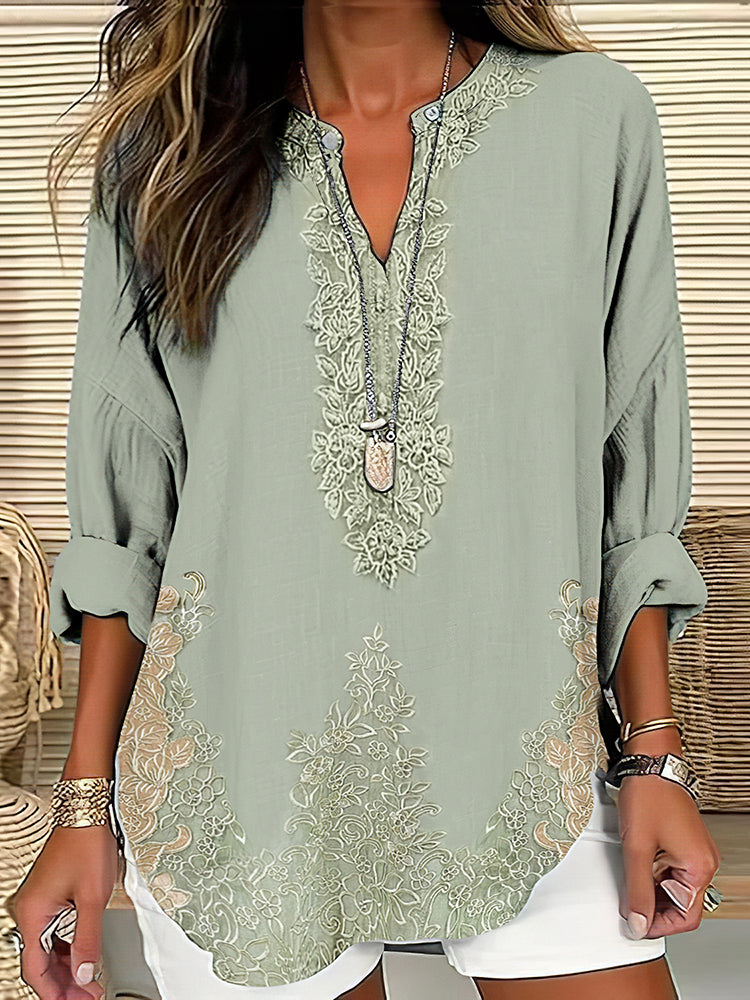 Women's Retro Floral Art Linen Print Casual Shirt