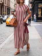 Women's Striped Print Round-neck Short-sleeve Casual Loose Cotton-linen Dress