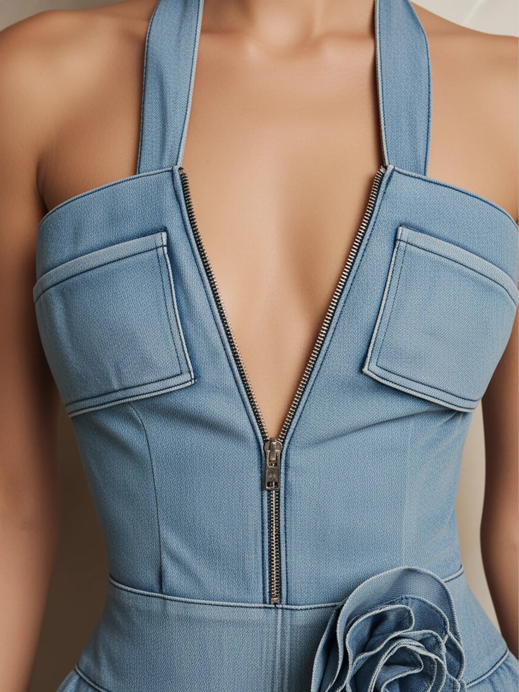 Removable Floral Halter Denim Midi Dress With Front Zipper & Pockets