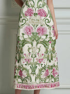 Pink Green Floral Scroll Print Square Neck Midi Dress