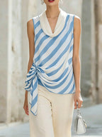 Women's Striped Print Cowl Neck Sleeveless Casual Loose Ruched Top