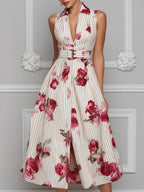 Floral Print Pinstripe Belted Sleeveless A-Line Midi Dress
