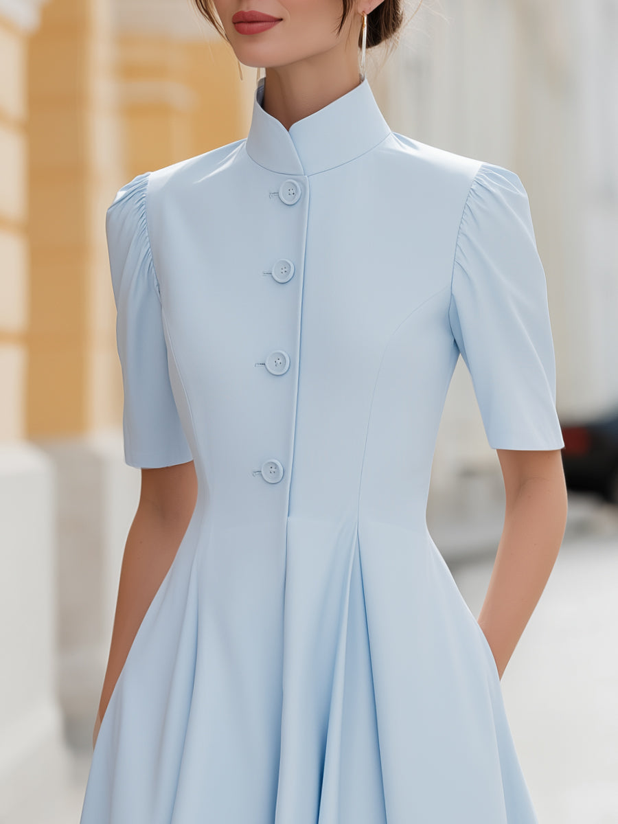 Stand Collar Button-Front Pleated A-Line Midi Dress