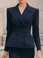 Navy Pinstripe Tailored Blazer And Pencil Skirt Suit Set