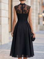 Elegant Lace Neck Organza-Overlay A-Line Midi Dress