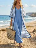 Women's Striped Art Casual Cardigan And Solid Color Dress Cotton Linen Suits