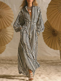 Women's Retro Striped Zip Art Casual Stylish Cotton Long Dress