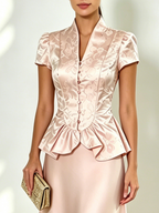 Women Pink Jacquard V Neck Short Sleeve Dressy Coat With Skirt Two-Piece Set