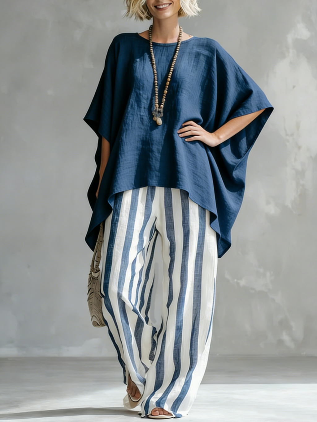 Classic Striped Batwing-sleeve Loose-fit Cotton-linen Two-piece Set