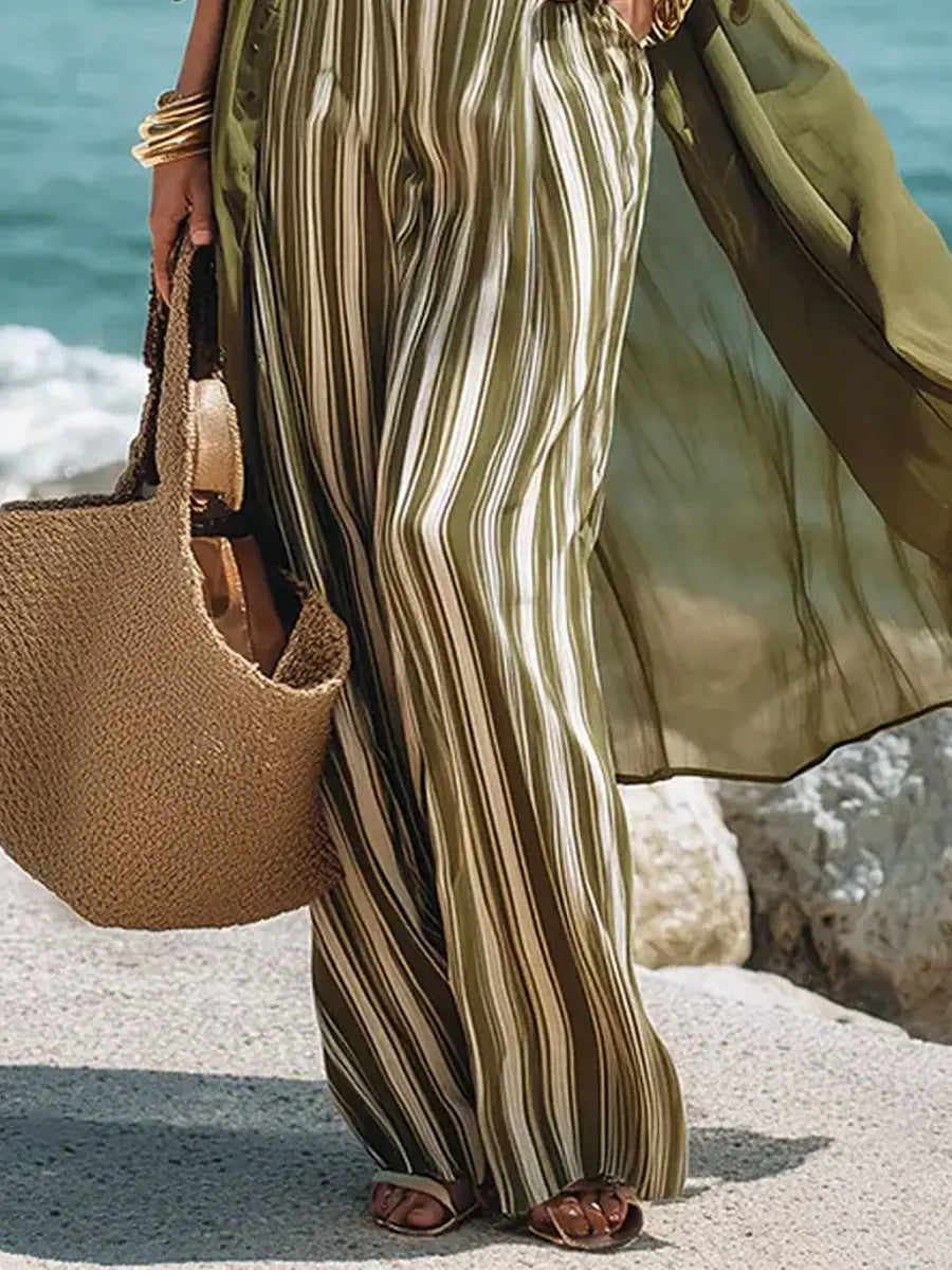 Women's Lapel Long Stylish Casual Top Comfortable Vest And Striped Pants Three-piece Set