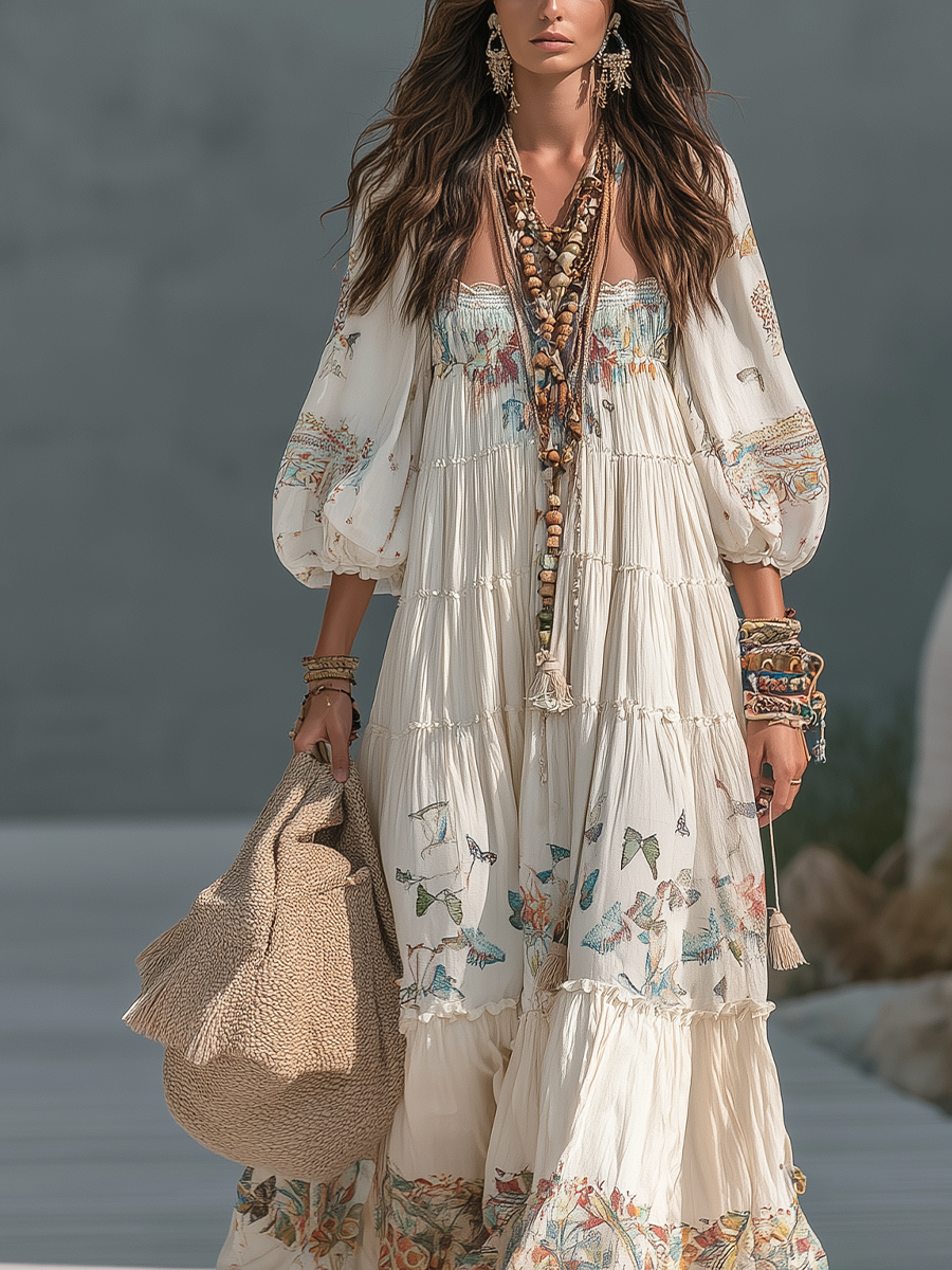 Ivory Bohemian Print Puff Sleeve Maxi Dress