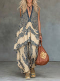 Casual Artistic Striped Cotton-linen Two-piece Set: Half-zip Top And Trousers