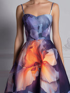 Spaghetti Strap Abstract Floral Structured A-Line Midi Dress