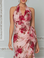 Romantic Floral Halter High-Low Ruffle Maxi Dress