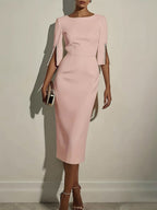 Women's Solid-color Round-neck 3/4-sleeve Casual Slim-fit Dress