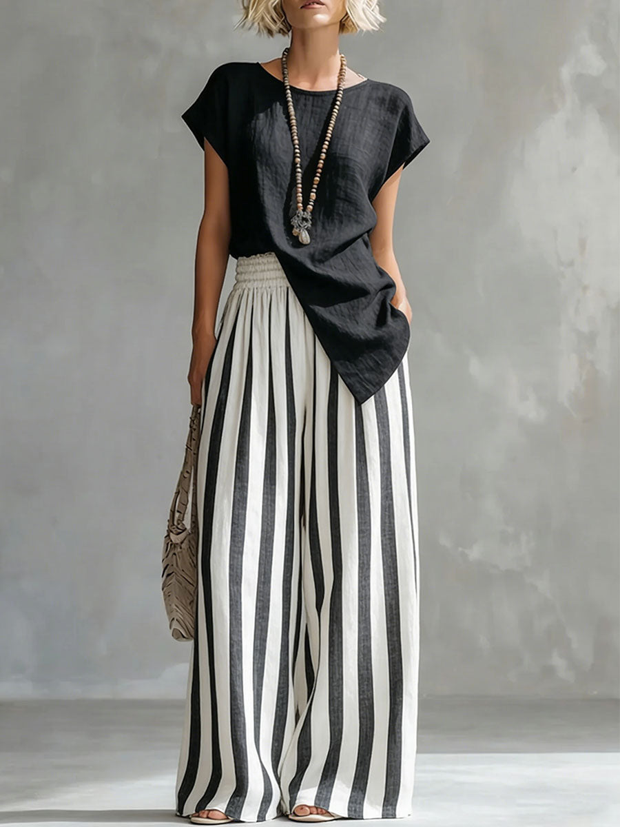 Cozy Loose-fit Striped Cotton-linen Two-piece Set