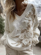 Women's White Rose Knitted Warm V-neck Sweater
