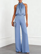 Women Blue Mock Neck Sleeveless Dressy Jumpsuit