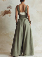 Olive Green Smocked Waist Wide-Leg Linen Jumpsuit With Pockets