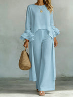 Casual Linen And Cotton Top And Pants Two-piece Set