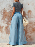 Sky Blue Double-Layer Linen & Organza Wide-Leg Trousers